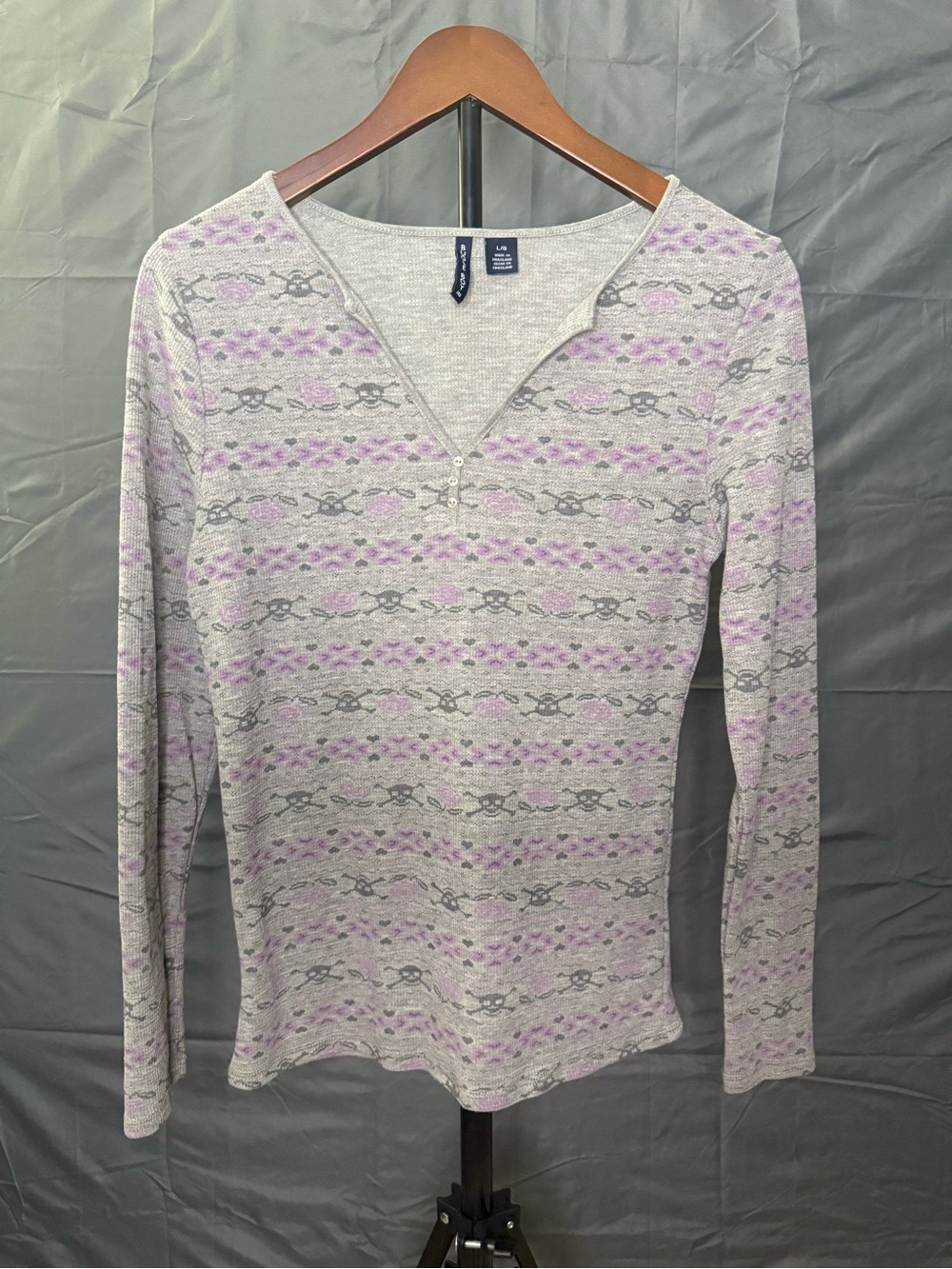 Vintage 90s Bugle Boy Skull Crossbones Fair Isle Waffle Knit Henley Top